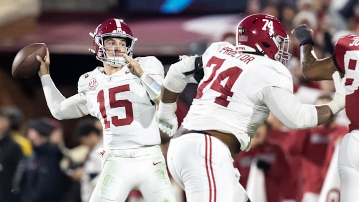 Alabama Crimson Tide quarterback Ty Simpson and offensive lineman Kadyn Proctor Alabama Crimson Tide quarterback Ty Simpson and offensive lineman Kadyn Proctor