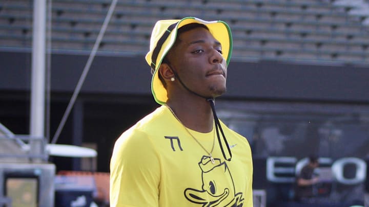 July 27, 2024; Eugene, OR, USA; Kendre Harrison part of the top-ranked recruits flocked to Eugene for the 2024 Oregon Ducks Saturday Night Live July 27, 2024; Eugene, OR, USA; Kendre Harrison part of the top-ranked recruits flocked to Eugene for the 2024 Oregon Ducks Saturday Night Live