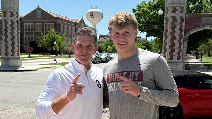 Oklahoma linebacker prospect Jay Schell poses for a photo with coach Brent Venables on an unofficial visit. Oklahoma linebacker prospect Jay Schell poses for a photo with coach Brent Venables on an unofficial visit.
