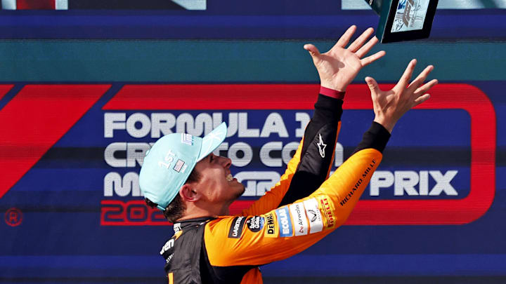May 5, 2024; Miami Gardens, Florida, USA; McLaren driver Lando Norris (4) celebrates winning the Miami Grand Prix at Miami International Autodrome. Mandatory Credit: Peter Casey-USA TODAY Sports May 5, 2024; Miami Gardens, Florida, USA; McLaren driver Lando Norris (4) celebrates winning the Miami Grand Prix at Miami International Autodrome. Mandatory Credit: Peter Casey-USA TODAY Sports
