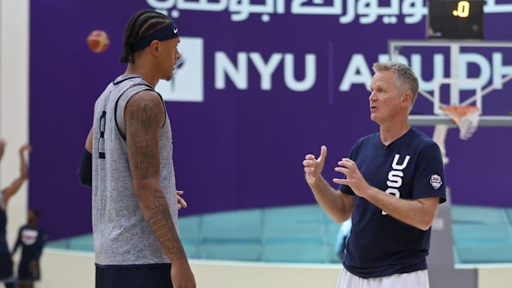 Orlando Magic forward Paolo Banchero and Golden State Warriors coach Steve Kerr chat at USA Basketball's FIBA World Cup practice. Orlando Magic forward Paolo Banchero and Golden State Warriors coach Steve Kerr chat at USA Basketball's FIBA World Cup practice.