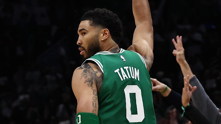 Mar 6, 2026; Boston, Massachusetts, USA;Boston Celtics forward Jayson Tatum (0) celebrates a three point basket against the Dallas Mavericks during the second quarter at TD Garden. Mandatory Credit: Winslow Townson-Imagn Images