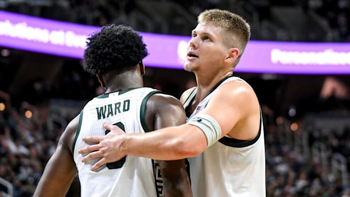 Michigan State's Jaxon Kohler, right, celebrates with Cam Ward after Ward drew a Colgate foul during the second half on Monday, Nov. 3, 2025, at the Breslin Center in East Lansing.
