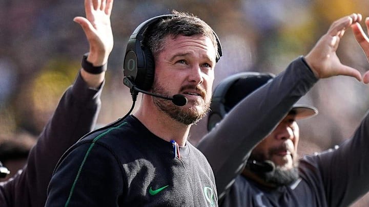 Oregon head coach Dan Lanning watches a play against Michigan during the first half at Michigan Stadium in Ann Arbor on Saturday, Nov. 2, 2024.