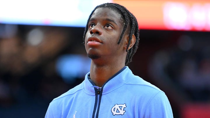 Feb 21, 2026; Syracuse, New York, USA; North Carolina Tar Heels forward Caleb Wilson (8) looks on prior to the game against the Syracuse Orange at the JMA Wireless Dome. Mandatory Credit: Rich Barnes-Imagn Images