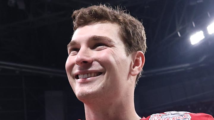 Jan 9, 2026; Atlanta, GA, USA; Indiana Hoosiers quarterback Fernando Mendoza (15) reacts after the 2025 Peach Bowl and semifinal game of the College Football Playoff at Mercedes-Benz Stadium. Mandatory Credit: Brett Davis-Imagn Images