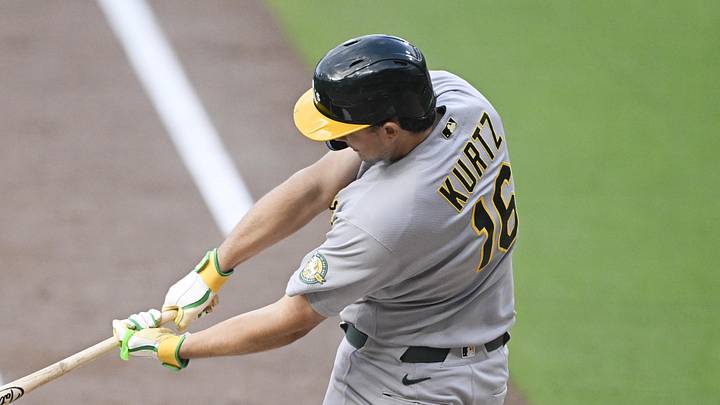 May 23, 2026; San Diego, California, USA; Athletics first baseman Nick Kurtz (16) hits a single during the first inning against the San Diego Padres at Petco Park. Mandatory Credit: Denis Poroy-Imagn Images May 23, 2026; San Diego, California, USA; Athletics first baseman Nick Kurtz (16) hits a single during the first inning against the San Diego Padres at Petco Park. Mandatory Credit: Denis Poroy-Imagn Images