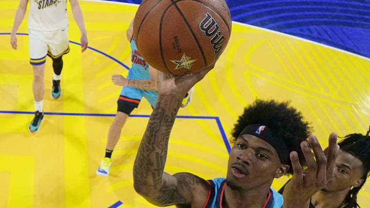 February 14, 2025; San Francisco, California, USA; Team G-League guard Dink Pate (1) of the Mexico City Capitanes shoots the ball against Team C during the 2025 NBA Rising Stars Game at Chase Center. Mandatory Credit: Kyle Terada-Imagn Images