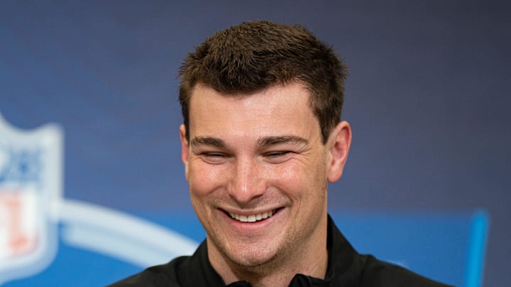 Feb 27, 2026; Indianapolis, IN, USA; Indiana quarterback Fernando Mendoza (QB11) speaks to members of the media during the NFL Combine at the Indiana Convention Center. Mandatory Credit: Jacob Musselman-Imagn Images
