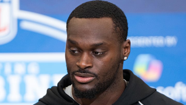 Feb 27, 2026; Indianapolis, IN, USA; Notre Dame running back Jeremiyah Love (RB11) speaks to members of the media during the NFL Combine at the Indiana Convention Center. Mandatory Credit: Jacob Musselman-Imagn Images