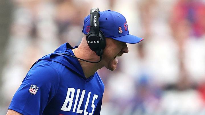 Sep 13, 2026; Houston, Texas, USA;  Buffalo Bills head coach Joe Brady reacts during the second quarter against the Houston Texans at Reliant Stadium.  Mandatory Credit: Troy Taormina-Imagn Images