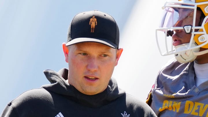 Arizona State head coach Kenny Dillingham watches his team as they run drills during a spring practice at Kajikawa practice fields in Tempe, Ariz. on April 14, 2026.