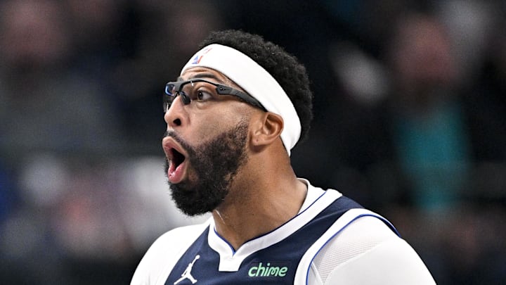Dec 12, 2025; Dallas, Texas, USA; Dallas Mavericks forward Anthony Davis (3) reacts to a foul call during the first quarter against the Brooklyn Nets at the American Airlines Center. Mandatory Credit: Jerome Miron-Imagn Images