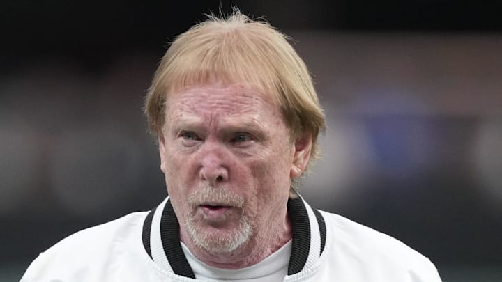 Dec 28, 2025; Paradise, Nevada, USA; Las Vegas Raiders owner Mark Davis on the field prior to a game against the New York Giants at Allegiant Stadium. Mandatory Credit: Kirby Lee-Imagn Images