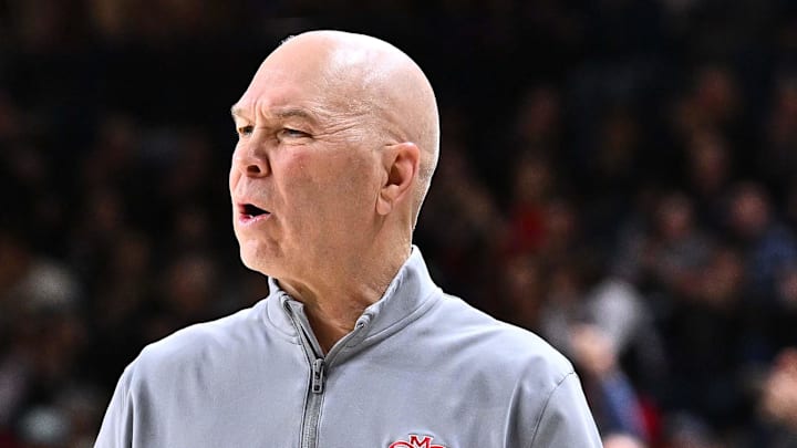 Jan 31, 2026; Spokane, Washington, USA; Saint Mary's Gaels head coach Randy Bennett reacts after a play against the Gonzaga Bulldogs in the first half at McCarthey Athletic Center. Mandatory Credit: James Snook-Imagn Images