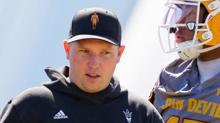 Arizona State head coach Kenny Dillingham watches his team as they run drills during a spring practice at Kajikawa practice fields in Tempe, Ariz. on April 14, 2026.