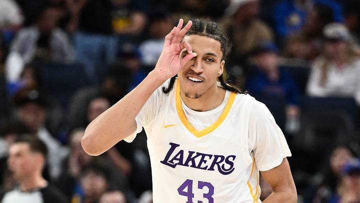 Cameron Carr #43 of the Los Angeles Lakers reacts after making a three-point shot. (Photo by Thien-An Truong/Getty Images)