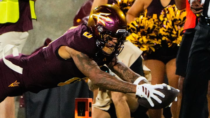 Sep 13, 2025; Tempe, Arizona, USA; Arizona State Sun Devils wide receiver Jordyn Tyson (0) dives into the end zone in the second quarter of the game between Arizona State Sun Devils and Texas State Bobcats. Mandatory Credit: Arianna Grainey-Imagn Images