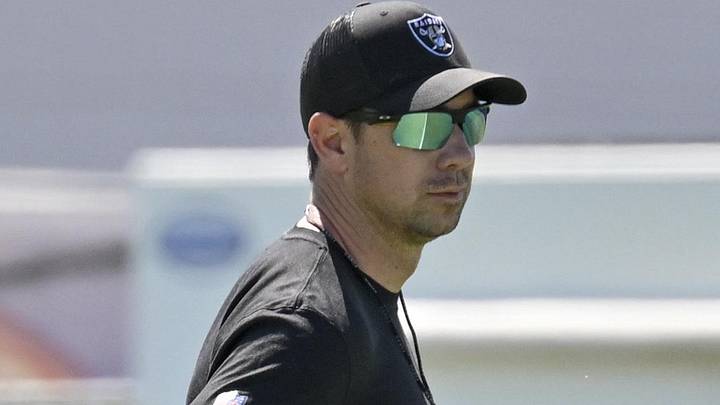 May 20, 2026; Henderson, NV, USA; Las Vegas Raiders head coach Klint Kubiak looks on during organized team activities at Intermountain Health Performance Center. Mandatory Credit: Candice Ward-Imagn Images