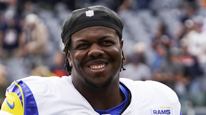 Sep 29, 2024; Chicago, Illinois, USA; Los Angeles Rams offensive tackle Warren McClendon Jr. (71)  in a game against the Chicago Bears at Soldier Field. Mandatory Credit: David Banks-Imagn Images