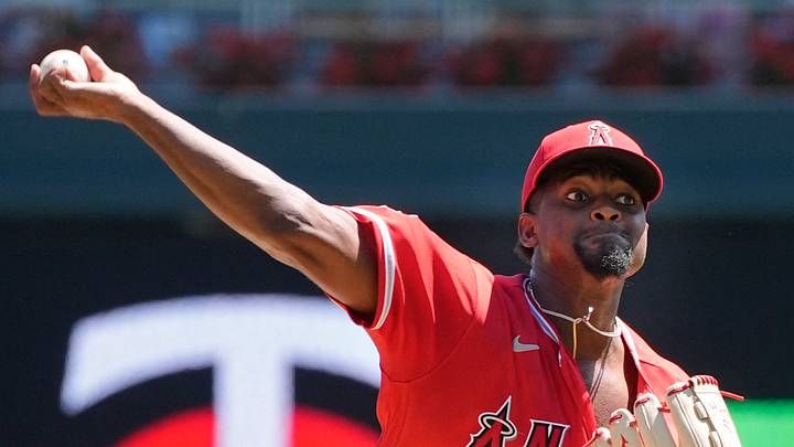 Jul 12, 2026; Minneapolis, Minnesota, USA; Los Angeles Angels starting pitcher Jose Soriano (59) throws to the Minnesota Twins in the first inning at Target Field. Mandatory Credit: Bruce Kluckhohn-Imagn Images