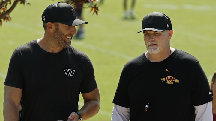 Washington Commanders general manager Adam Peters and head coach Dan Quinn