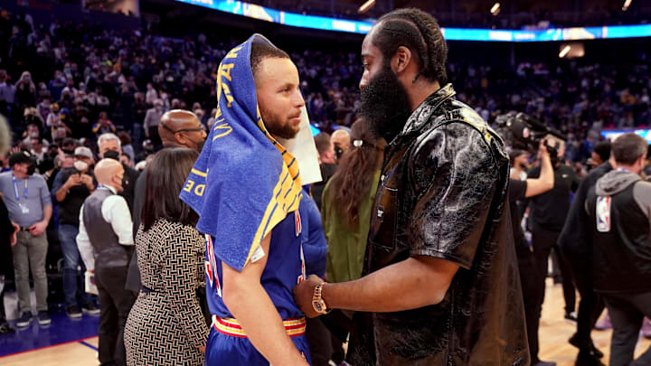 Golden State Warriors guard Stephen Curry (left) meets with Brooklyn Nets guard James Harden after a game at the Chase Center. Mandatory Credit: Cary Edmondson-Imagn Images