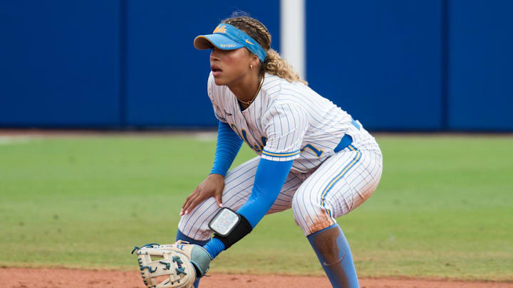 May 30, 2024; Oklahoma City, OK, USA; UCLA Bruins shortstop Maya Brady (7) gets ready for a play in the second inning against the Alabama Crimson Tide during a Women's College World Series softball game at Devon Park. Mandatory Credit: Brett Rojo-Imagn Images May 30, 2024; Oklahoma City, OK, USA; UCLA Bruins shortstop Maya Brady (7) gets ready for a play in the second inning against the Alabama Crimson Tide during a Women's College World Series softball game at Devon Park. Mandatory Credit: Brett Rojo-Imagn Images