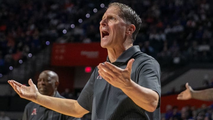 Former Arkansas head coach Eric Musselman protests a call against Florida in Gainesville, Fla. on Saturday, January 13, 2024. Former Arkansas head coach Eric Musselman protests a call against Florida in Gainesville, Fla. on Saturday, January 13, 2024.