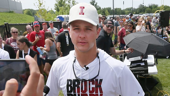 Former Iowa State quarterback and San Francisco 49ers quarterback Brock Purdy talks to media at the Brock Purdy Youth Football camp at Jack Trice Stadium football practice field on Saturday, June 22, 2024, in Ames, Iowa