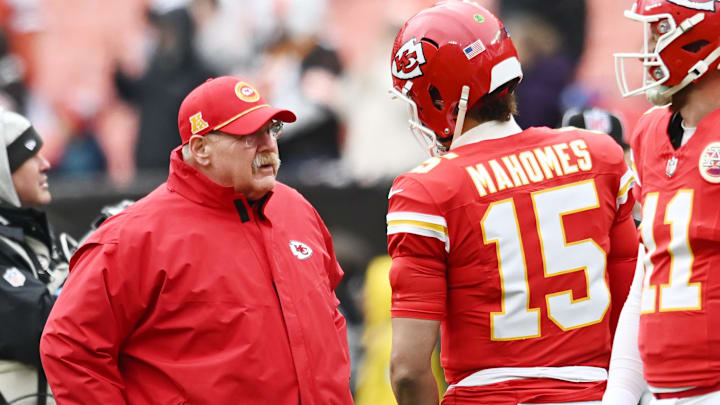 Dec 15, 2024; Cleveland, Ohio, USA; Kansas City Chiefs head coach Andy Reid talks to quarterback Patrick Mahomes (15) before the game between the Cleveland Browns and the Chiefs at Huntington Bank Field. Mandatory Credit: Ken Blaze-Imagn Images Dec 15, 2024; Cleveland, Ohio, USA; Kansas City Chiefs head coach Andy Reid talks to quarterback Patrick Mahomes (15) before the game between the Cleveland Browns and the Chiefs at Huntington Bank Field. Mandatory Credit: Ken Blaze-Imagn Images