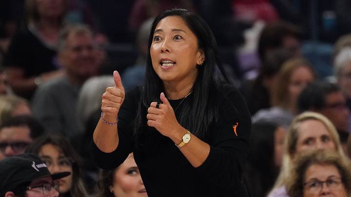 Aug 17, 2026; San Francisco, California, USA; Golden State Valkyries head coach Natalie Nakase coaches the team against the Dallas Wings in the first quarter at Chase Center. Mandatory Credit: David Gonzales-Imagn Images