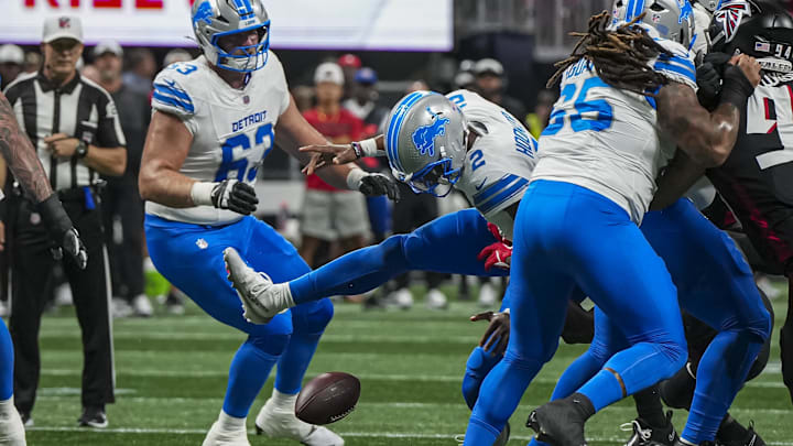 Detroit Lions quarterback Hendon Hooker (2) fumbles against the Atlanta Falcons during the second quarter