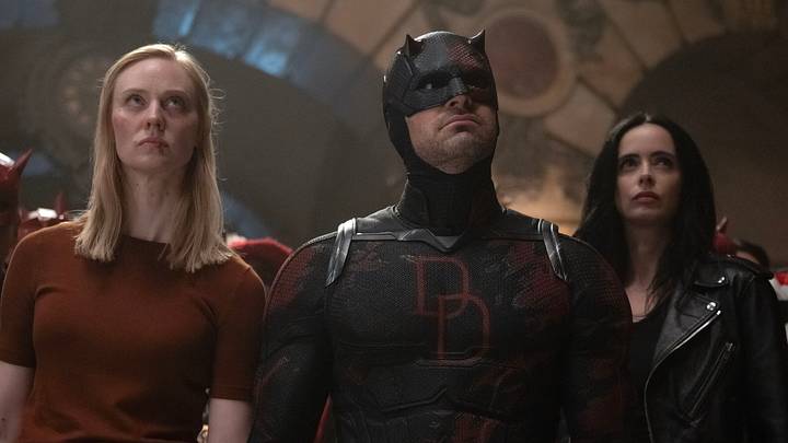 (L-R) Karen Page (Deborah Ann Woll), Matt Murdock/Daredevil (Charlie Cox) and Jessica Jones (Krysten Ritter) in Marvel Television's DAREDEVIL: BORN AGAIN SEASON 2, exclusively on Disney+. 