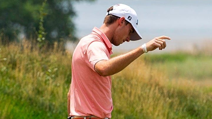 Matthew Riedel gestures after sinking a putt on hole 15 during the Korn Ferry Tour's The Ascendant golf tournament on Sunday, July 14, 2024, at the TPC Colorado course in Berthoud, Colo. Matthew Riedel gestures after sinking a putt on hole 15 during the Korn Ferry Tour's The Ascendant golf tournament on Sunday, July 14, 2024, at the TPC Colorado course in Berthoud, Colo.