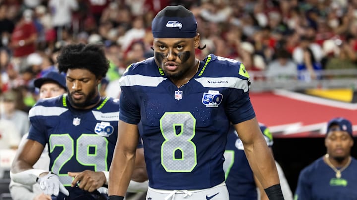 Sep 25, 2025; Glendale, Arizona, USA; Seattle Seahawks safety Coby Bryant (8) against the Arizona Cardinals at State Farm Stadium.