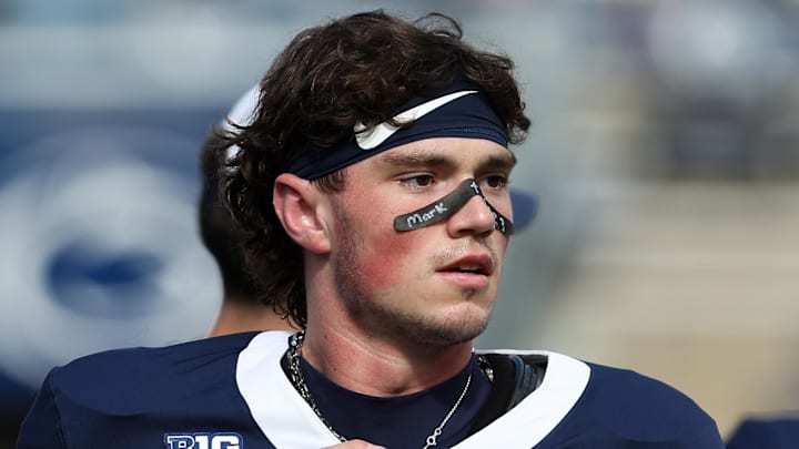 Oct 11, 2025; University Park, Pennsylvania, USA; Penn State Nittany Lions quarterback Drew Allar (15) looks to throw a pass during a warmup prior to the game against the Northwestern Wildcats at Beaver Stadium. Mandatory Credit: Matthew O'Haren-Imagn Images
