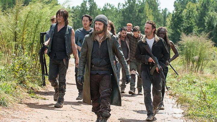 Steven Yeun as Glenn Rhee, Danai Gurira as Michonne, Michael Cudlitz as Abraham, Andrew Lincoln as Rick Grimes, Lauren Cohan as Maggie Greene, Norman Reedus as Daryl Dixon, and Tom Payne as Jesus in The Walking Dead Season 6, Episode 11 Steven Yeun as Glenn Rhee, Danai Gurira as Michonne, Michael Cudlitz as Abraham, Andrew Lincoln as Rick Grimes, Lauren Cohan as Maggie Greene, Norman Reedus as Daryl Dixon, and Tom Payne as Jesus in The Walking Dead Season 6, Episode 11