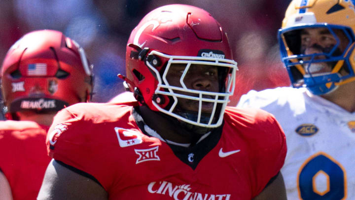 Cincinnati Bearcats defensive tackle Dontay Corleone (2) reacts after making a stop in the second quarter of the College Football game between the Cincinnati Bearcats and the Pittsburgh Panthers at Nippert Stadium in Cincinnati on Saturday, Sept. 7, 2024.