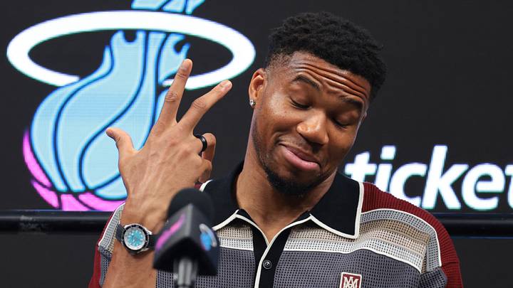 Jul 16, 2026; Miami, FL, USA; Miami Heat forward Giannis Antetokounmpo (7) reacts during his introductory press conference at Kaseya Center. Mandatory Credit: Sam Navarro-Imagn Images Jul 16, 2026; Miami, FL, USA; Miami Heat forward Giannis Antetokounmpo (7) reacts during his introductory press conference at Kaseya Center. Mandatory Credit: Sam Navarro-Imagn Images