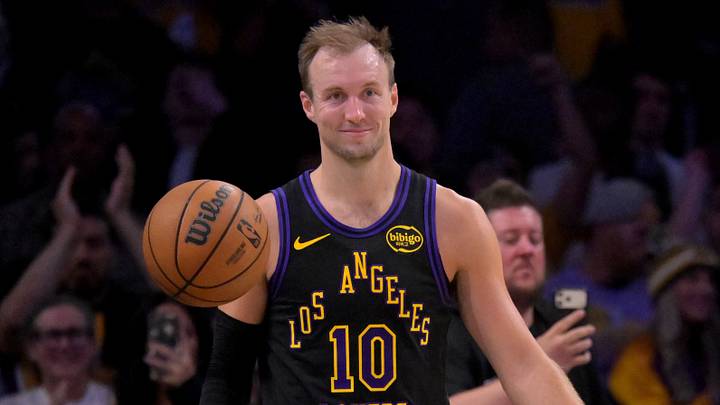 Apr 21, 2026; Los Angeles, California, USA; Los Angeles Lakers guard Luke Kennard (10) smiles on the court during the final seonds of game two of the first round of the 2026 NBA Playoffs at against the Houston Rockets at Crypto.com Arena. Mandatory Credit: Jayne Kamin-Oncea-Imagn Images