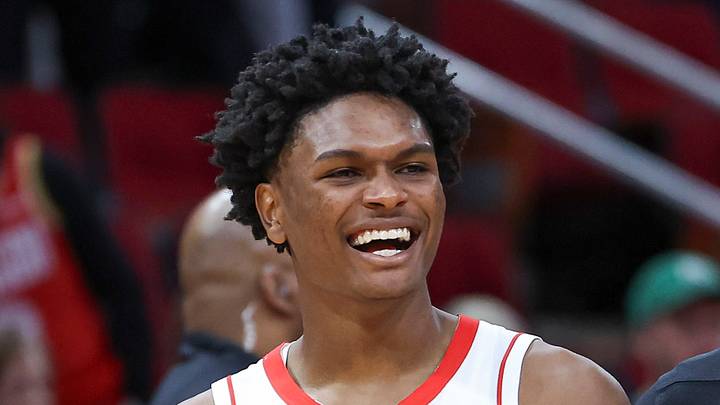Houston Rockets forward Amen Thompson (1) smiles as he walks off the court after the game against the Indiana Pacers at Toyota Center on oct 10, 2023. Houston Rockets forward Amen Thompson (1) smiles as he walks off the court after the game against the Indiana Pacers at Toyota Center on oct 10, 2023.