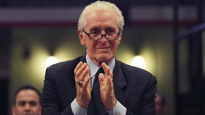 Miami Heat president Pat Riley applauds (Mandatory Credit: Jim Rassol-Imagn Images)
