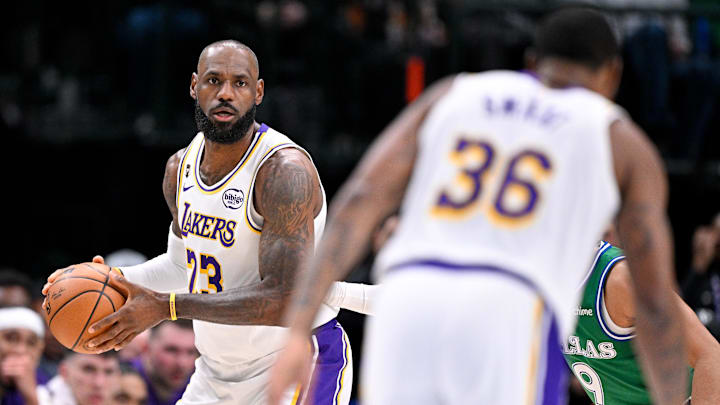 Jan 24, 2026; Dallas, Texas, USA; Los Angeles Lakers forward LeBron James (23) looks to pass the ball to guard Marcus Smart (36) during the second quarter against the Dallas Mavericks at the American Airlines Center. Mandatory Credit: Jerome Miron-Imagn Images