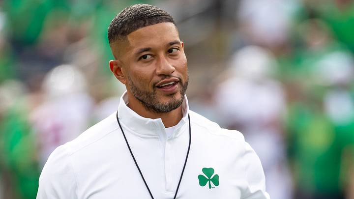 Oct 10, 2026; South Bend, Indiana, USA; Notre Dame Fighting Irish head coach Marcus Freeman before facing the Stanford Cardinal at Notre Dame Stadium. Oct 10, 2026; South Bend, Indiana, USA; Notre Dame Fighting Irish head coach Marcus Freeman before facing the Stanford Cardinal at Notre Dame Stadium.