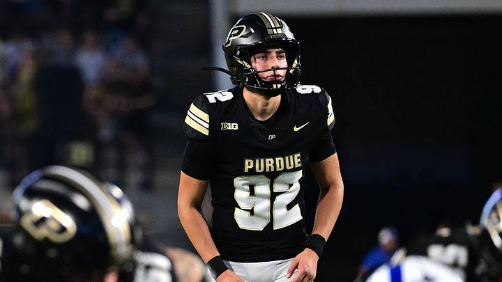 Purdue Boilermakers place kicker Jacobo Echeverria Lozano (92) prepares to kick a field goal. Purdue Boilermakers place kicker Jacobo Echeverria Lozano (92) prepares to kick a field goal.