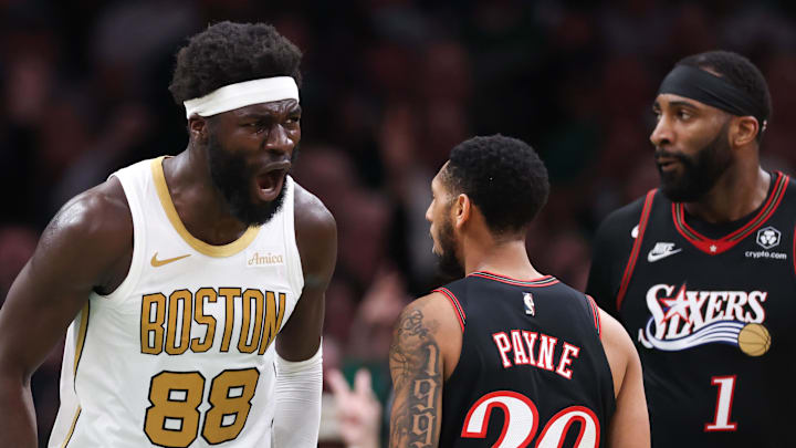 Mar 1, 2026; Boston, Massachusetts, USA; Boston Celtics center Neemias Queta (88) reacts during the first half against the Philadelphia 76ers at TD Garden. Mandatory Credit: Paul Rutherford-Imagn Images