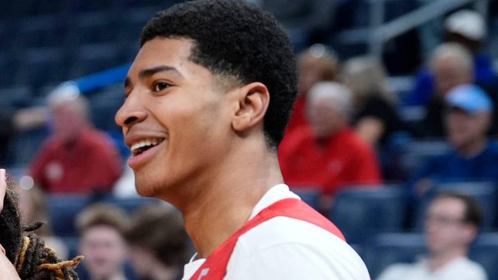 Houston's Kingston Flemings, left, and 
Chris Cenac Jr. react during a practice for the first round of the NCAA basketball tournament at Paycom Center in Oklahoma City, Wednesday, March 18, 2026.