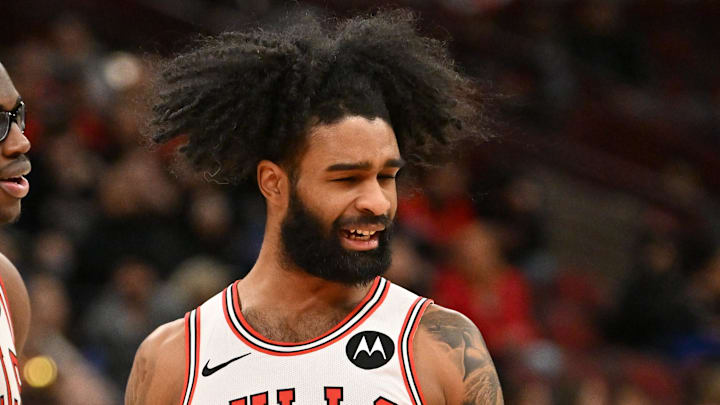 Jan 18, 2026; Chicago, Illinois, USA; Chicago Bulls guard Coby White (0) celebrates with forward Jalen Smith (25) against the Brooklyn Nets during the first half at United Center. Mandatory Credit: Patrick Gorski-Imagn Images