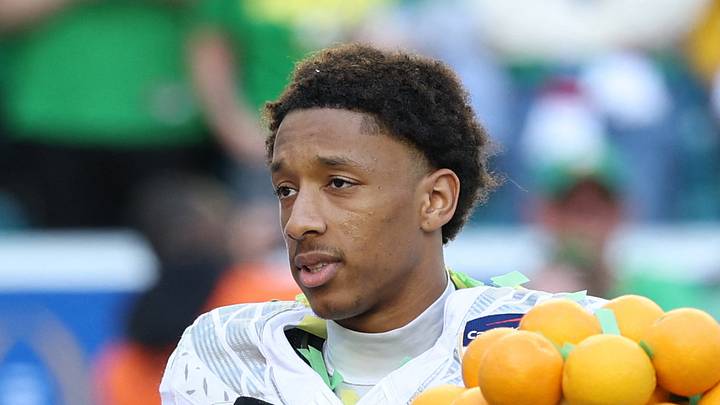 Jan 1, 2026; Miami Gardens, FL, USA; Oregon Ducks defensive back Brandon Finney (4) is interviewed by. ESPN’s Katie George following the 2025 Orange Bowl and quarterfinal game of the College Football Playoff against the Texas Tech Red Raiders at Hard Rock Stadium. 